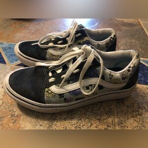 VANS Old Skool Womens Size 8 US Black Yellow Purple Flower 🌸 Checkered Sneakers